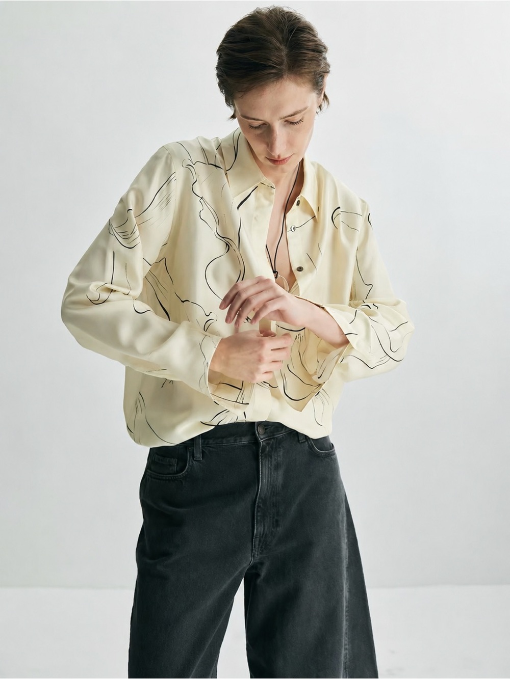90% Mulberry Silk Cream Abstract Print Button-Up Blouse